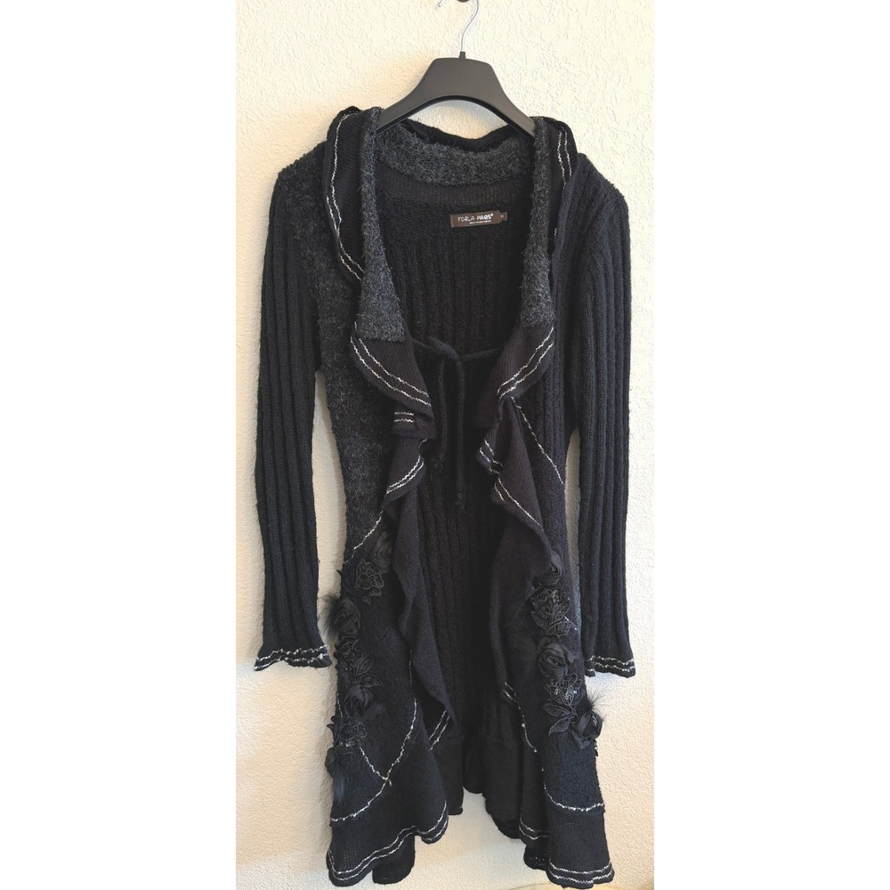 Forla Paris Black Ruffle Cardigan 3D Rosette Sequin‎ Lace Long Sweater Small